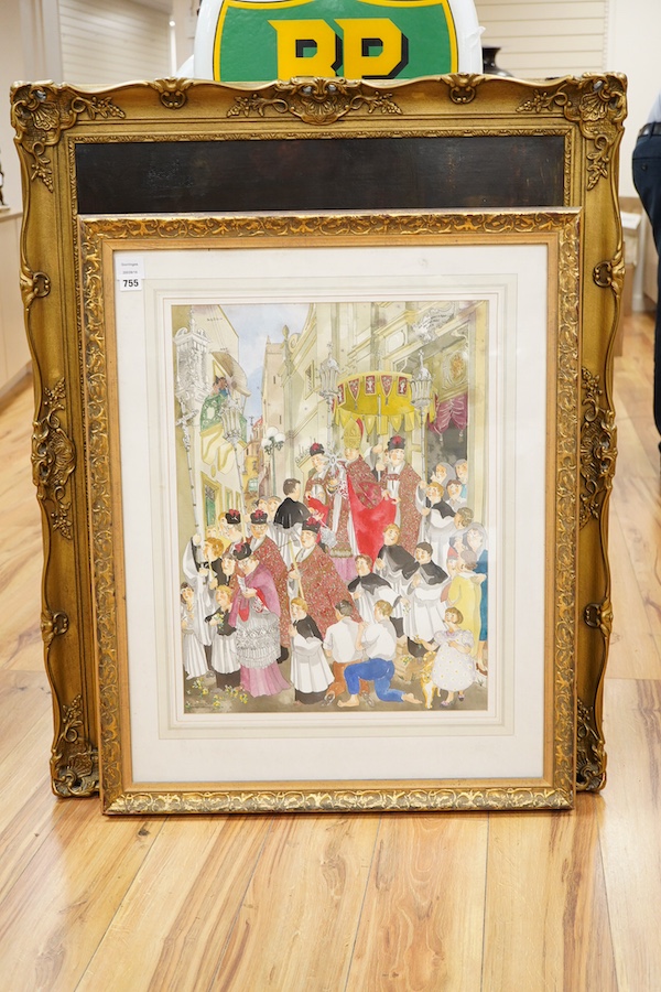 Contemporary School, 'Salutaris hostia', Religious street procession, indistinctly signed and dated '94, ink and watercolour, 59 x 45cm